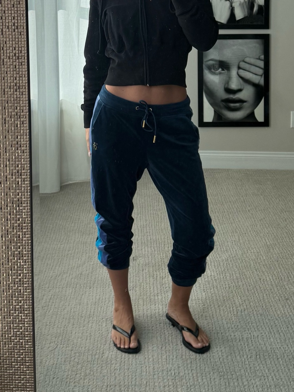 Juicy Couture Navy Velour Capri Pants with Teal Accent